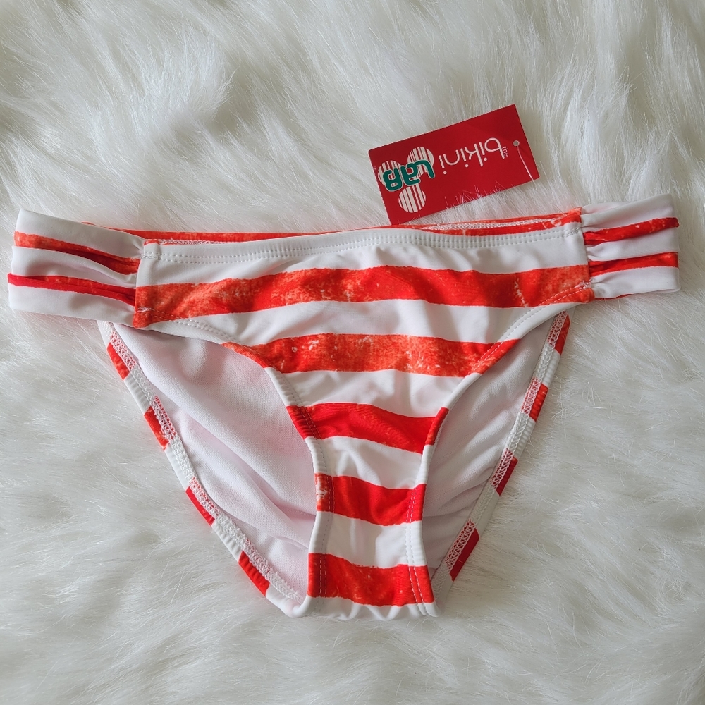 Bikini Lab Neon Orange & White Striped Cheeky Bikini Bottom M NWT Side Ruching